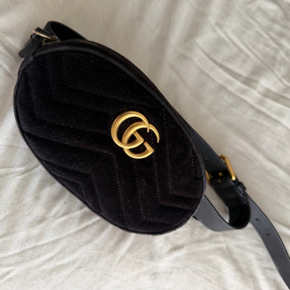 Gucci Black Velvet Crossbody Belt Bag with Gold Double G